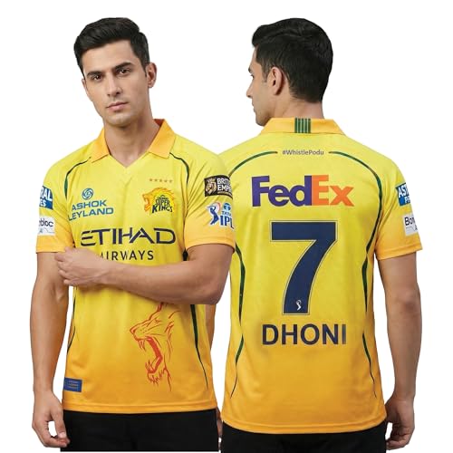 Image of playR x Chennai Super Kings Original Match Jersey IPL 2026 - Adult Dhoni 7 Half Sleeve CSK Cricket T-Shirt, Regular Fit Sportswear Tee for Training, Outdoor & Match Day Activewear for All Season
