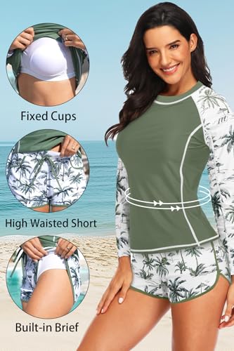 Women's Long Sleeves Rash Guard - 2 Piece Swimsuits with Built in Bra Swim Shirt and Shorts with Pockets - Image 5