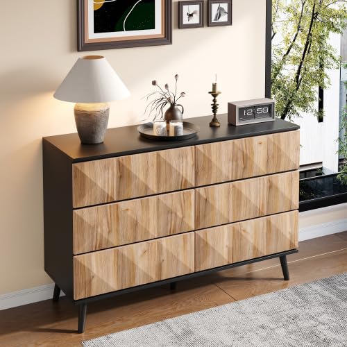 vutizal Cassettiera 120 cm con 6 cassetti, credenza in stile industriale con struttura in metallo, effetto legno nero, per camera da letto, soggiorno e corridoio