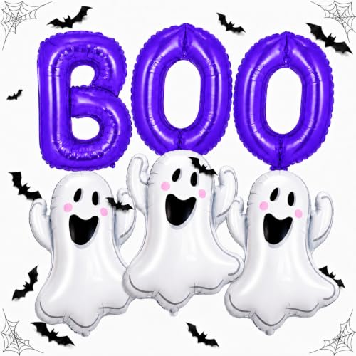 Image of Halloween Foil Balloons Purple Halloween Balloons Ghost Balloon BOO | Purple Spooky Balloon BOO Balloon Letters 3D Bat Stickers for Girl Night Cute Spooky One Birthday Baby Shower Party Decor