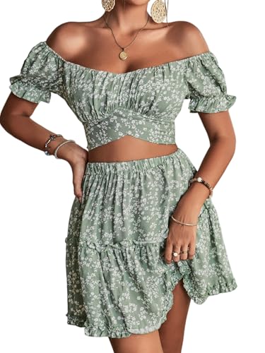 Image of LYANER Women's 2 Piece Outfits Floral Off Shoulder Tie Up Crop Top and Mini Skirt Set