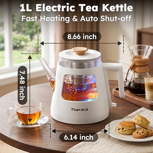 Image of TOPWIT 1L Gooseneck Electric Tea Kettle, Glass Electric Kettle, BPA-free | Removable Stainless Steel Tea Infuser, Visible Window, Auto-Shut Off, Ideal For Pour-Over Coffee, Home & Office, White