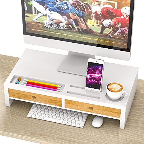 Monitor Stand Riser with Drawers - White Wood Computer Desk Organizer with Storage 20.50L 10.60W 4.80H Inch