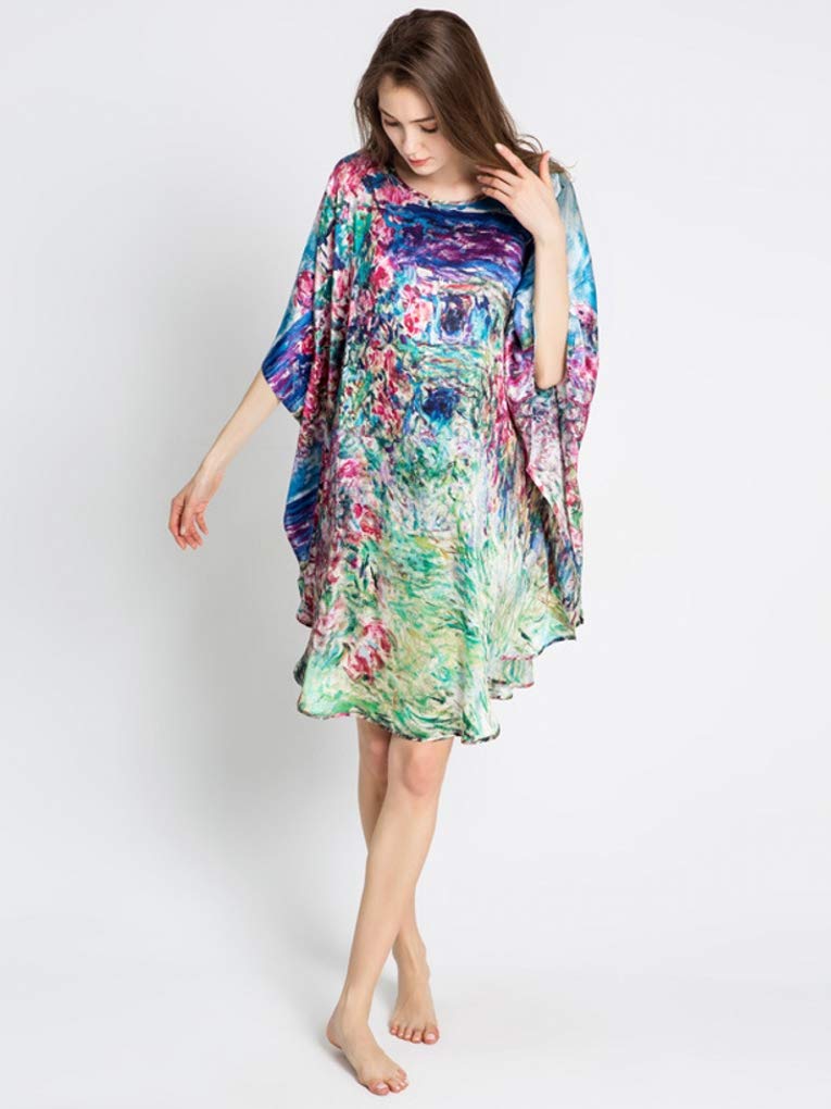Peignoir Nuisette Femme Long Grande Taille Chemise de Nuit 100% Soie Kimono d´Art Tableau