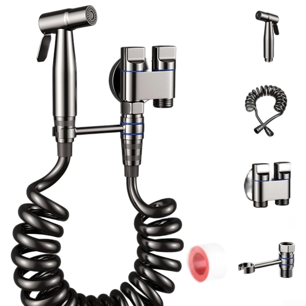 WC-Dusch-Sprüh-Set für Intimpflege, WC-Duschspray (grau) | Doppelventil-Design, unabhängige Vorder- / Rückspülung, Edelstahlkörper, rostbeständig, schwarzes Finish