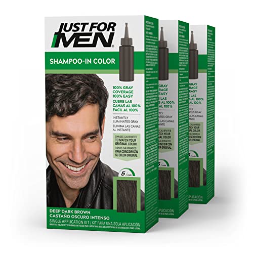 Just For Men Shampoo-In Color (Formerly Original Formula), Gray Hair Coloring for Men, With Keratin and Vitamin E for Stronger Hair – Deep Dark Brown, H-46, Pack of 3