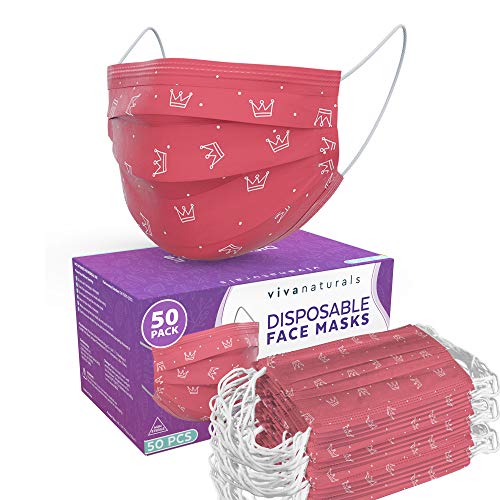 Pink Face Mask for Women (50 Pack) - Premium 3-Ply Cute Masks for Women with Comfortable Earloops & Adjustable Nose Strip, Pink Crown Designer Face Mask