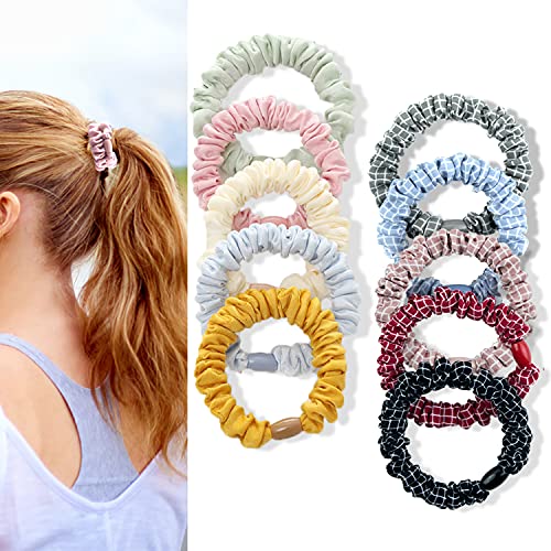 Small Scrunchies Ponytail Holders for Women Girls, Skinny Hair Scrunchy Satin Hair Ties for Thin and Thick Hair, 10 Pcs Mini Hair Elastics with Bead Accent