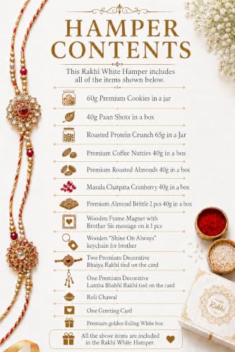 Image of NutriSnacksBox Royal Rakhi White Hamper | Premium Dry Fruits, Gourmet Snacks & Festive Gift Set | 2 Decorative Bhaiya Rakhis, Wooden Magnet, Keychain, Roli Chawal & Greeting Card | Luxury Raksha Bandhan Gift Box
