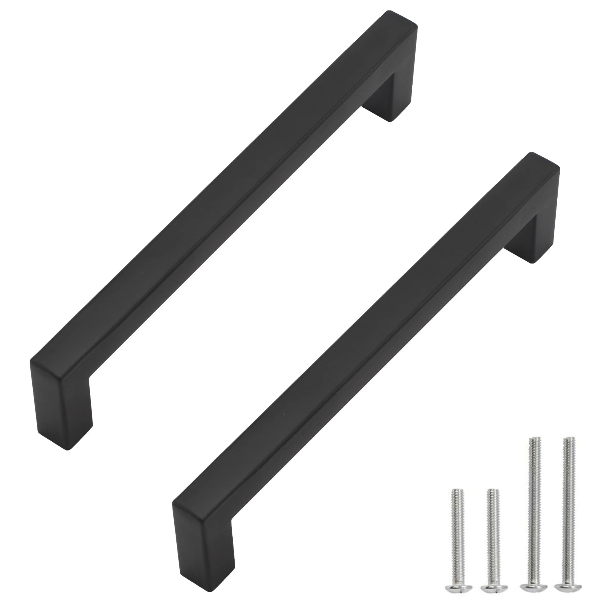 Cabinet Pulls Matte Black Cabinet Handles Square Drawer Pulls, 10 Pack 7-1/2 Inch Stainless Steel Kitchen Door Cupboard Cabinet Handles, Drawer Hardware Handles, 192mm Hole Centers