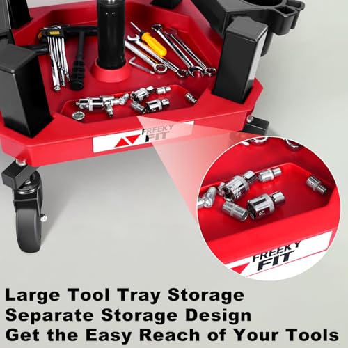 Image of Rolling Shop Stool with Wheels, Adjustable Garage Mechanic Stool Seat Shop Roller Work Chair Mobile Rolling Seat with Tool Tray, 2 Cup Holders, 4 inch Casters, 350 LBS, Heavy-Duty, Red