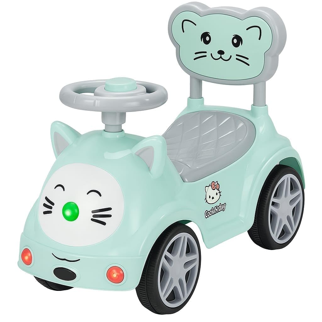 Kids Ride On Push Car for Toddlers – Cute Cat Design Baby Ride Toy with Music, Lights, Storage Seat & Footrest, Manual Push Ride-On Car with Steering Wheel Control, Multi-Colour