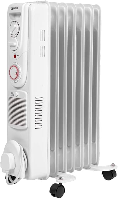 Devola 2000W Oil Filled Radiator in White with an Adjustable Heating Dial, PTC Fan Heater, 24 Hour Shutdown Timer, Schedule Timer and Turbo Heating - DVSOR7F20W