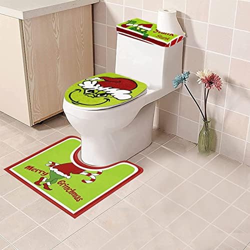 JSJOY Christmas Decorations Indoor Christmas Bathroon Grinch Decor Toilet Seat Cover Rugs Sets Green Monster Theme Toilet Seat Cover Decor