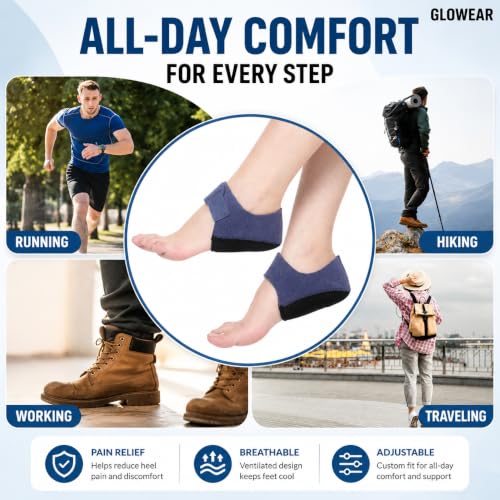 Image of Glowear Silicone Gel Heel Cups for Pain Relief | Plantar Fasciitis, Spur & Achilles Support for Men & Women | Breathable Cushion | Washable & Reusable | Blue, Large
