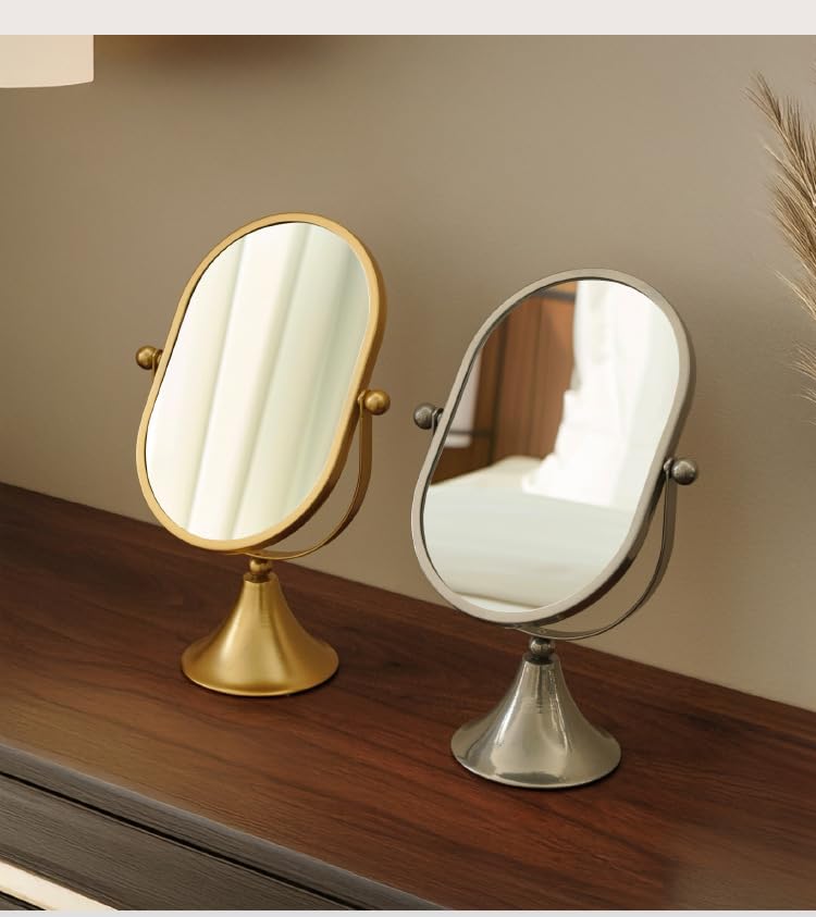 Hosoncovy Desktop Mirror with Stand Metal Frame Vanity Makeup Tabletop Mirror Oval Free Standing for Bathroom Bedroom (Silver) - Image 4