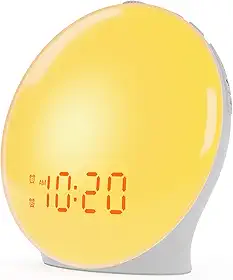 Despertador com luz de despertar para crianças, pessoas que dormem pesadas, quarto, com simulação de nascer do sol, adormecer, dois alarmes, rádio FM, soneca, luz noturna, luzes coloridas,