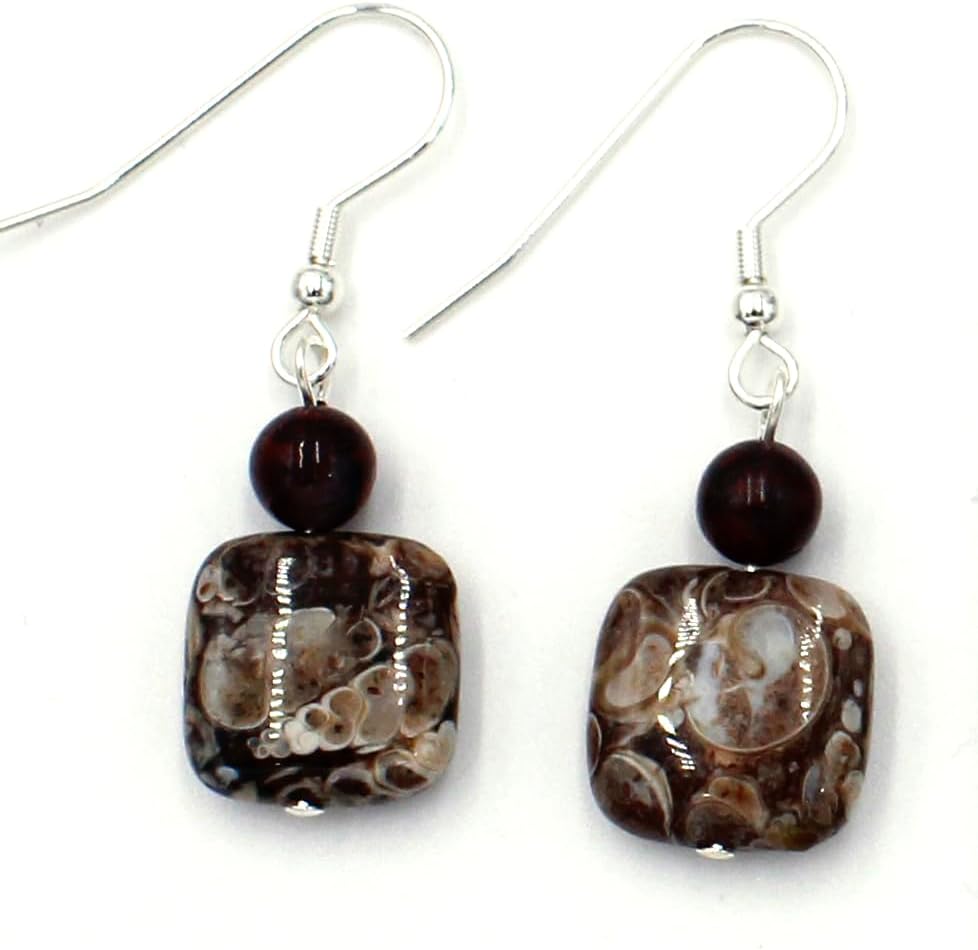 "Fossil Hunter" Brown Turritella Fossil Agate Natural Stone Earrings, 1.5 Inches