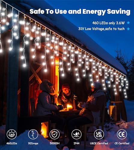 Icicle Outdoor Christmas Lights,460LED 17.5M/57ft Christmas Decorations Lights Plug in,Cool White String Lights with IP44 Waterproof/Remote/8 Modes/Memory/Timer for Window Eaves Garden Outdoor Decor - Image 4