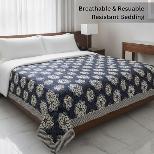 Image of LITO LINEN AND TOWEL Single Bed Solapur Chaddar 100% Cotton Blanket - Reversible Handloom Bedspread for Winter & All Seasons, Soft Breathable Cotton Bedsheet /Blanket, 60 x 90 Inch, Navy Blue Floral