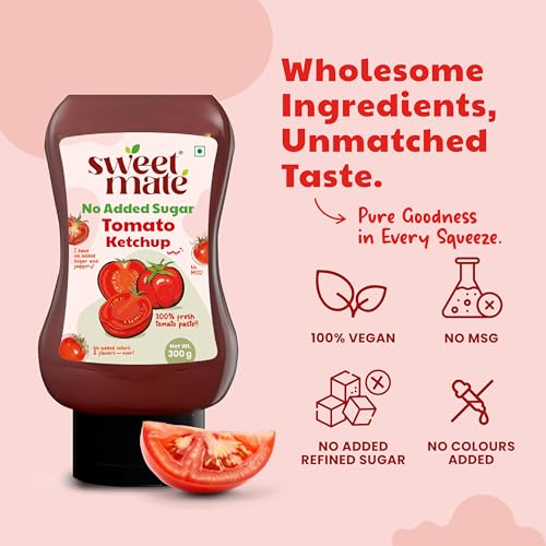 Image of Sweetmate Tomato Ketchup | No Added Sugar & Jaggery | Low Calorie | Tastes like Regular Tomato Ketchup | Natural Ingredients | No Artificial Color, Flavor or thickeners | Ideal for All Ages - 300g x 2
