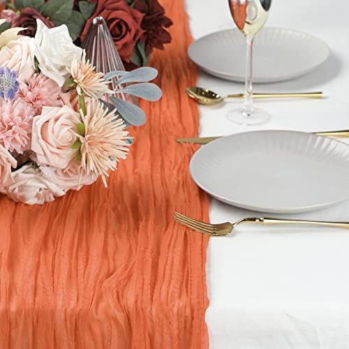 WELTRXE 6 PCS Orange Cheesecloth Table Runners, 13Ft Gauze Table Runner Boho Rustic Wedding Table Decor 35"x160" Sheer Table Runner for Wedding Reception, Bridal & Baby Shower, Birthday Party