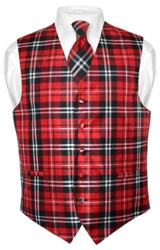 Vesuvio Napoli Men's Plaid Design Dress Vest & NeckTie Black Gray White Neck Tie Set
