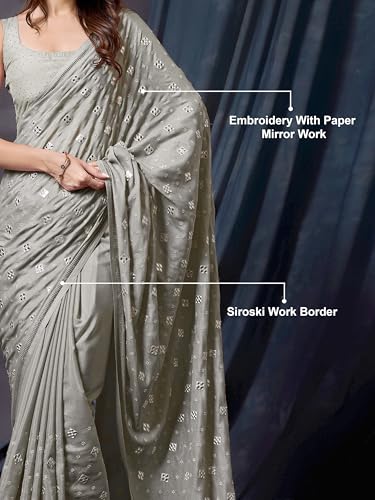 Image of TRENDMALLS Women's Satin Siroski with Embroidery butti work Saree with Blouse Piece