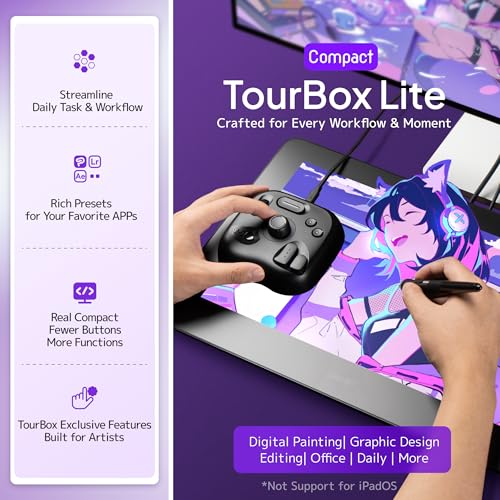 TourBox Lite - Editing Keyboard Compact, Artists Go-to Drawing Macro Keypad, Works with Clip Studio Paint & More, Creative Console Controller with Custom Software, Cable, Travel Bag - Wired Kit