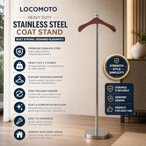 Image of LOCOMOTO Stainless Steel Coat Stand | Heavy Duty Garment Hanger Stand Rack | Cloth Stand for Office, Home, Showroom & Boutique | Rust Proof Durable Coat Hanger Stand (WOODEN HANGER)