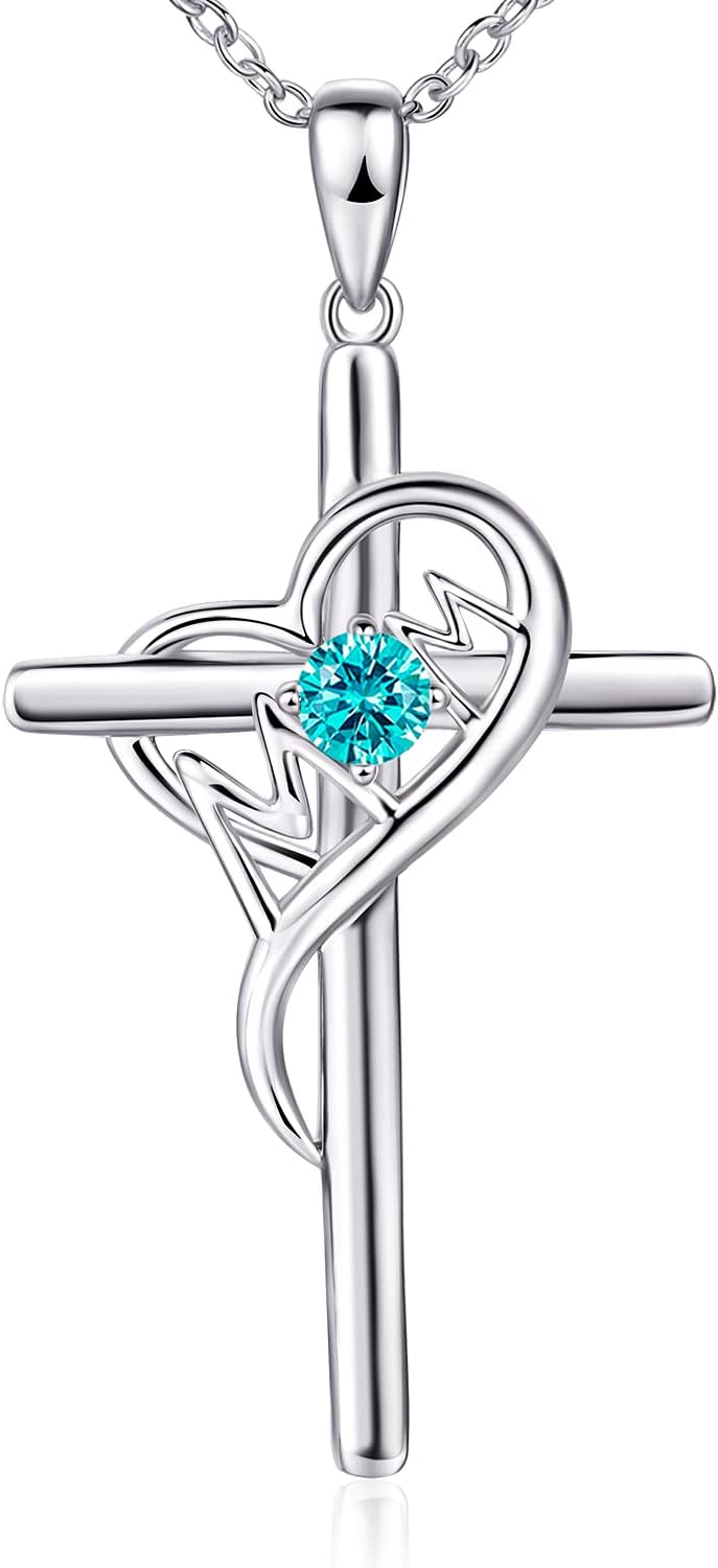 925 Sterling Silver Cross Necklace for Women Mom Necklace Birthstone Necklaces for Mom