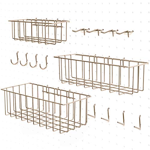Pegboard Accessories - Pegboard Basket Set & Hook Assortment for Craft  Peg Hooks and Wire Baskets fit Most 1/4" or 3/16 Peg Board Organizer (Gold, Electroplated)