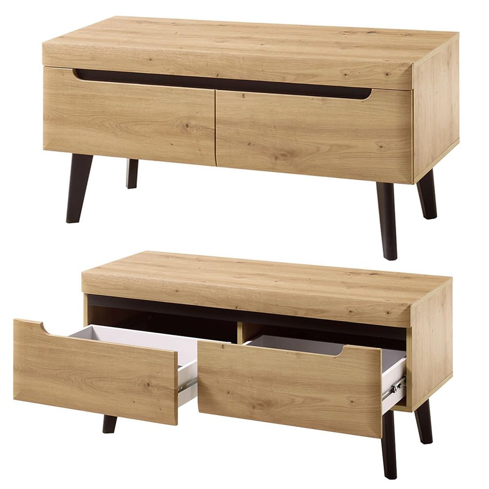 Lomadox Skandinavisches Wohnwand und Couchtisch Set, Eiche Artisan mit Schwarz, inkl. Beleuchtung, tiegezogene MDF-Fronten, Massivholzfüße