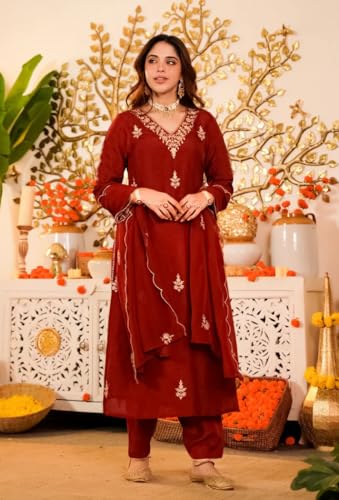 Image of Klosia Women Embroidery Solid Straight Kurta and Pant Set with Dupatta