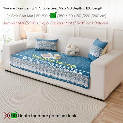 Image of HOKIPO 'BelleLace Series' Imperial Milk Velvet Sofa Cover Mat with Lace Design| Make Your Own Sofa Cover Set, Mat Length 90(D) x 120(L) cm, Celdaon Blue (AR-5964-BL)