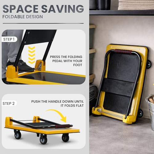 Image of Robustt 200 Kg Heavy-Duty Metal Foldable Platform Trolley (Yellow) | Hand Truck with 360 Rotating Wheels & Cushioned Grip | Material Handling Cart for Home, Office, Warehouse & Industrial Use