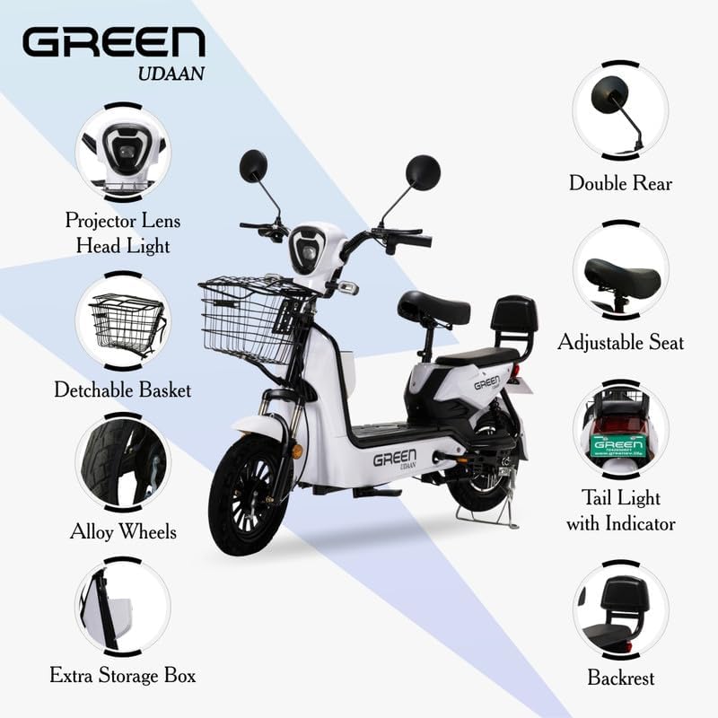 Image of Green Udaan Low Speed Electric Scooter Non RTO 80KM Range Lithium Battery with Portable Charger (White)