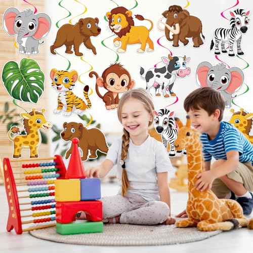 Image of 40Pcs Jungle Animal Hanging Swirl Decorations, Safari Animal Party Hanging Swirls Jungle Animals Tiger Lion Monkey Foil Swirls Ceiling Decor for Animals Theme Birthday Baby Shower Party Decor