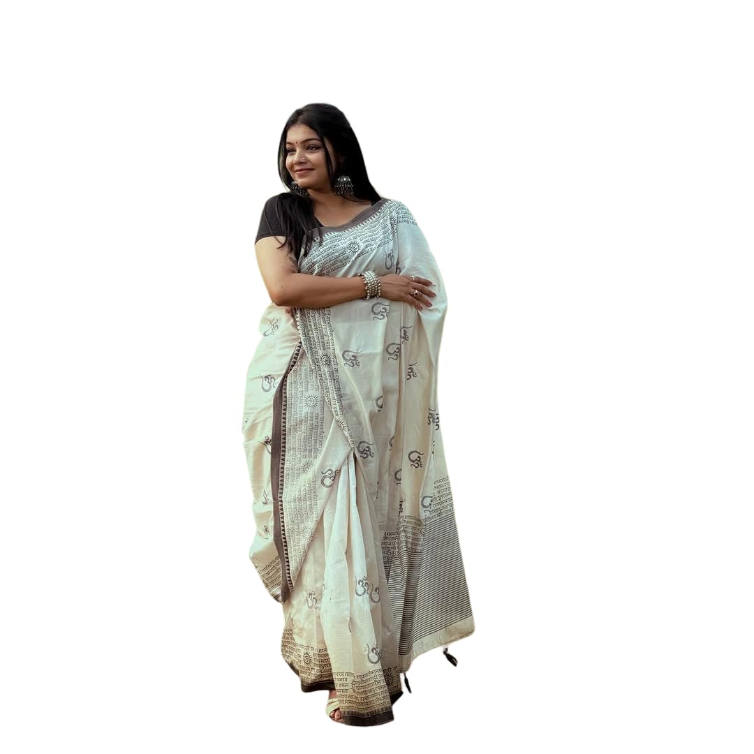 Linen Saree, White, Spiritual Script Print, Ethnic Border, Soft Lightweight, with Unstitched Blouse Piece-picture-12