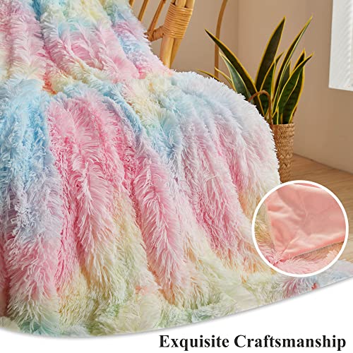 XeGe Plush Faux Fur Rainbow Throw Blanket, Tie Dye Shaggy Furry Blanket Throw Single, Fluffy Microfiber Velvet Couch Blanket - Image 4