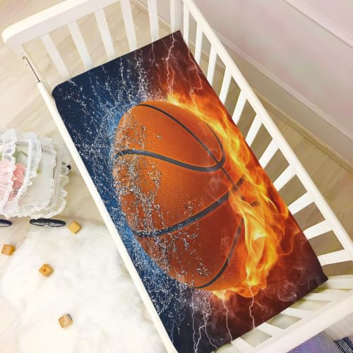 Image of Burning Basketball Crib Sheets Stretchy Portable Sheets for Baby Toddler Breathable Soft Crib Mattress Sheet for Girls Boys