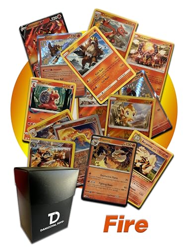Fire Type TCG Assortment Bundle || Guaranteed Ultra Rare Fire Card + 30 Random Fire Type Cards + Dan123yal Deck Box