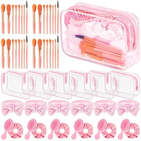 Daifunli 6 Set Pink Spa Party Favors for Women Travel Makeup Brush Bag Mini Pink Hair Brushes Headband Scrunchies for Sleepover Bachelorette Wedding Bridal Shower Party Supplies Bridesmaid Gifts Cover