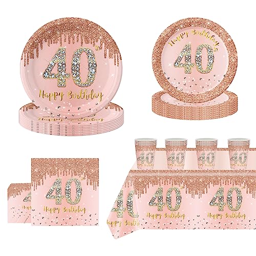 POPOYU Lot de 69 assiettes en carton pour 40e anniversaire - Assiettes en carton pour 40e anniversaire - Assiettes en carton - Gobelets et serviettes de table pour femme - Fournitures de table
