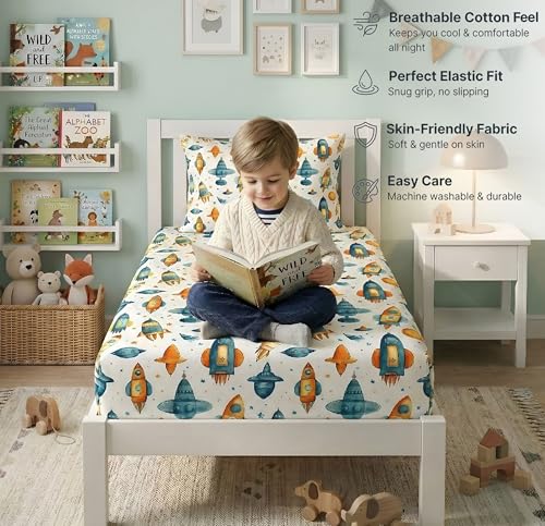 Image of VAS COLLECTIONS Single Bed Fitted Bedsheet 36x72+8 Inches with 1 Pillow Cover | 180 TC Microfiber Elastic Bed Sheet | Soft Breathable Cute Printed Design for Kids & Couples (Kid Rocket Print)