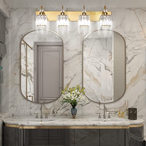 Image of Ralbay Crystal Gold Bathroom Vanity Lights 4-Lights Vanity Lights Over Mirror Modern Crystal Gold Bathroom Wall Lighting Fixtures