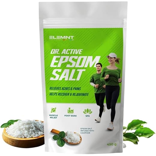 Elemnt Dr. Active Epsom Salt for Pain Relief & Muscle Recovery | 100% Magnesium Sulfate with Camphor | Epsom Bath Salt for Foot Pain Relief, Cramps, Leg Pain relief | 450 gm