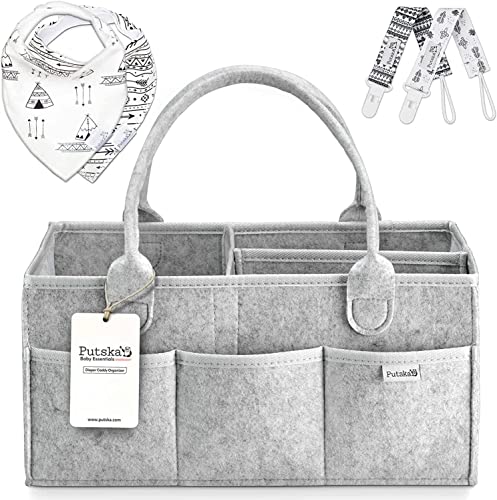 Image of PUTSKA Baby Diaper Caddy Organizer Nursery Basket - A Baby basket gift registry for baby shower list. This is a baby must haves essentials. Neutral baby stuff for newborn boy nursery decor or girl