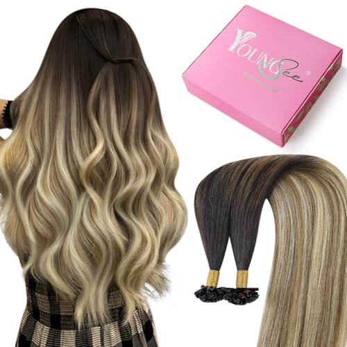 Image of YoungSee K Tip Human Hair Extensions Balayage Ktip Hair Extensions Human Hair Brown with Blonde Balayage Long 24In 50s /50g