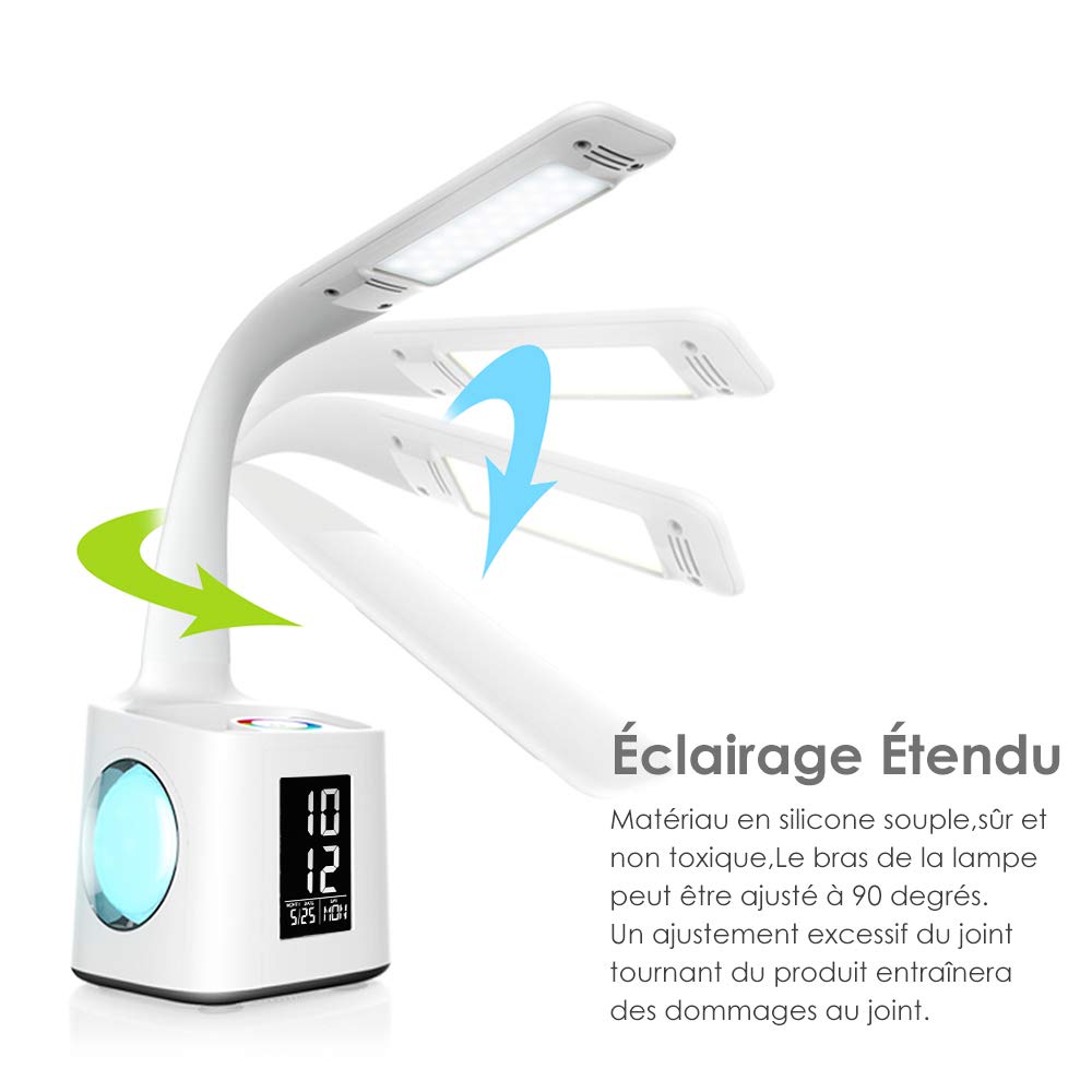 Lampada da tavolo LED per eyeliner, lampada da tavolo da studio, porta di ricarica USB, luce d'atmosfera notturna, con porta penna/display ora/calendario, lampada da lettura per bambini, 10 W